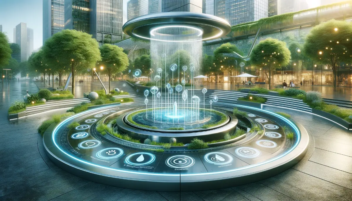 Nowoczesna, ekologiczna fontanna miejska w otoczeniu zieleni, z systemami recyklingu wody i energooszczędnym oświetleniem LED, symbolizująca harmonię między technologią a zrównoważonym rozwojem.