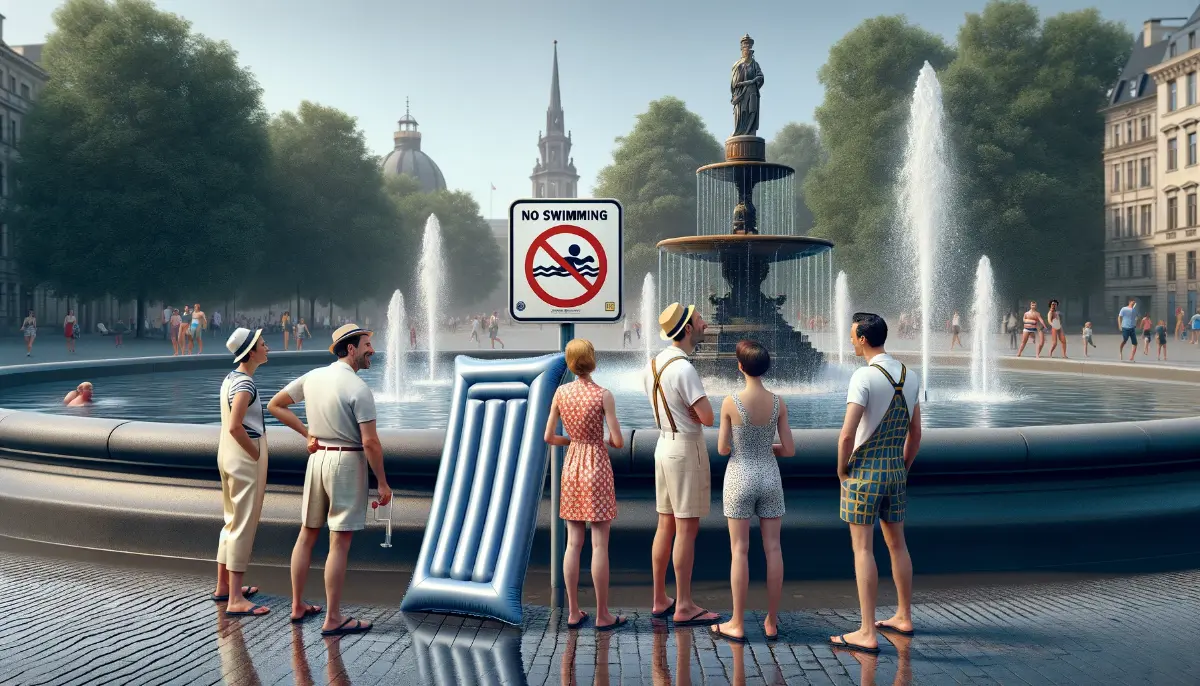 Grupa ludzi z materacem wodnym zdziwiona zakazem kąpieli w miejskiej fontannie na tle parku miejskiego w słoneczny dzień. Scena ilustruje konflikt między planami letniej rekreacji a przestrzeganiem regulacji miejskich.
