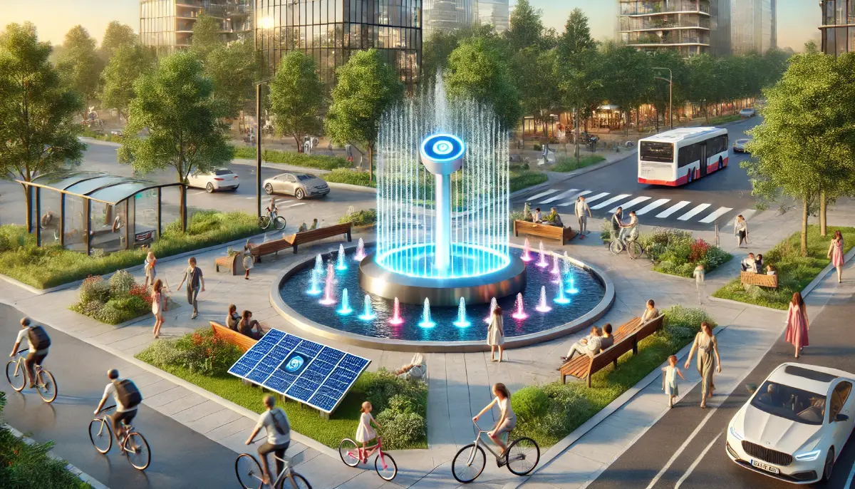 Nowoczesny park z inteligentną fontanną Smart Fountain 2.0 Nowoczesny park miejski w ciągu dnia, z centralną inteligentną fontanną Smart Fountain 2.0. Fontanna ma dynamiczne strumienie wody i kolorowe oświetlenie LED. Wokół niej widoczne są panele słoneczne, ludzie odpoczywają na ławkach, a dzieci bawią się na zielonych terenach.