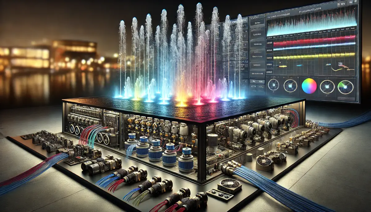 Fontanna multimedialna nocą z kolorowymi strumieniami wody, laserami i systemem hydraulicznym pokazanym w przekroju, z widocznymi pompami, zaworami i panelami sterowania.