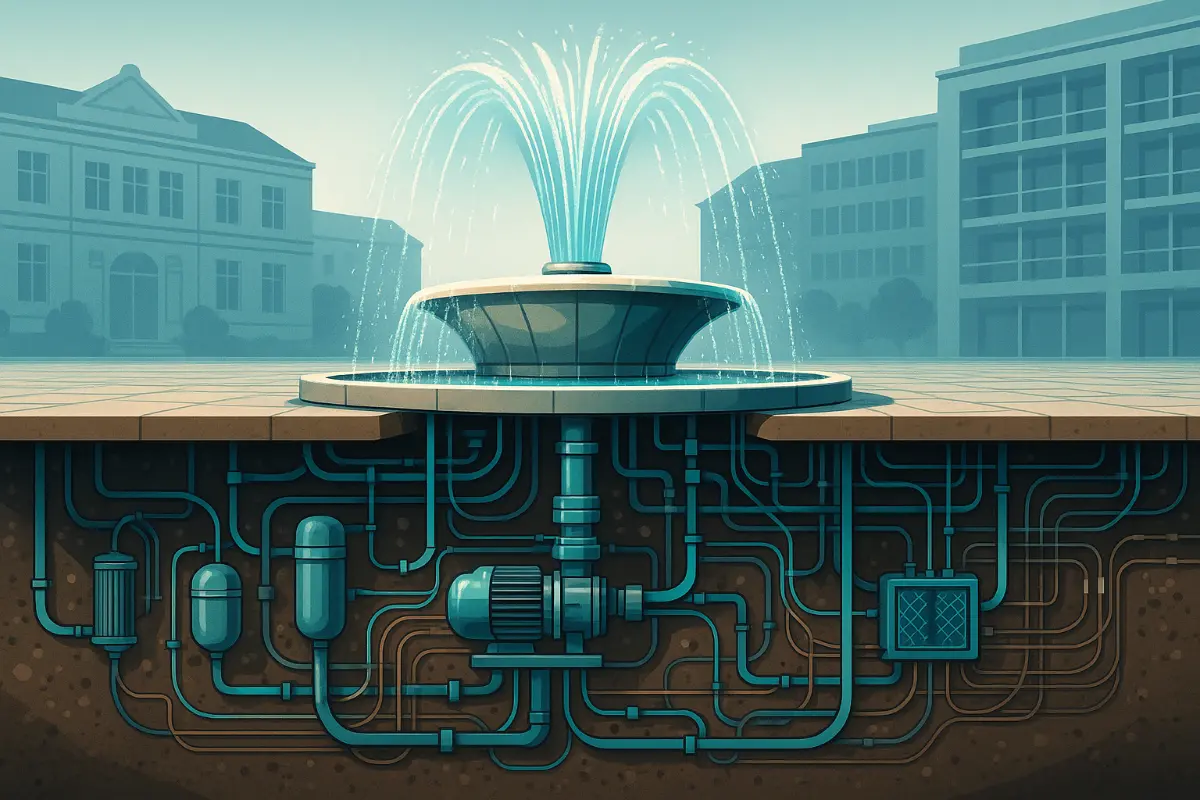Co kryje się pod fontanną? Anatomia miejskiej inwestycji Przekrój fontanny miejskiej pokazujący podziemną instalację hydrauliczną, z pompami, rurami i filtrami.