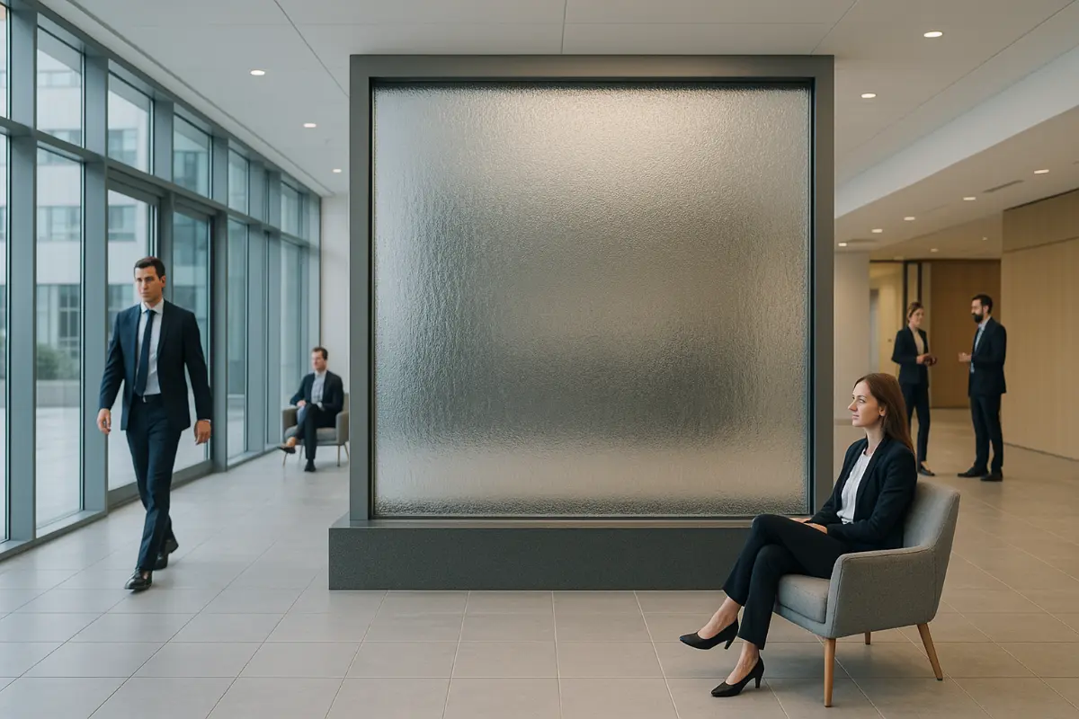 Nowoczesna ściana wodna w lobby biurowym – elegancja, spokój i prestiż Nowoczesna ściana wodna w lobby biurowym, z osobami w garniturach siedzącymi i rozmawiającymi w tle
