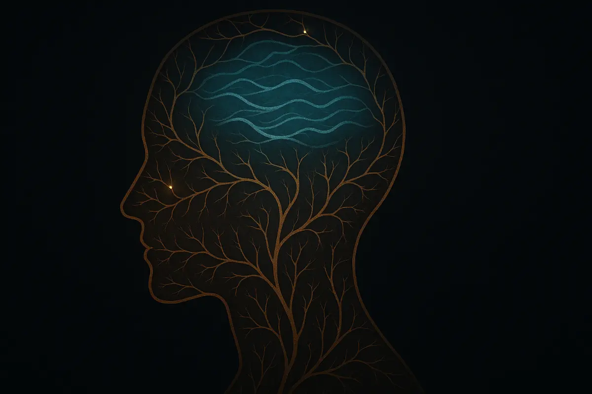 Woda i mózg: Neuroestetyczna mapa kontemplacji Sylwetka ludzkiej głowy wypełniona siecią gałęzi przypominających neurony, z wodnym motywem w części mózgowej, symbolizująca wpływ obserwacji fontanny na mózg.