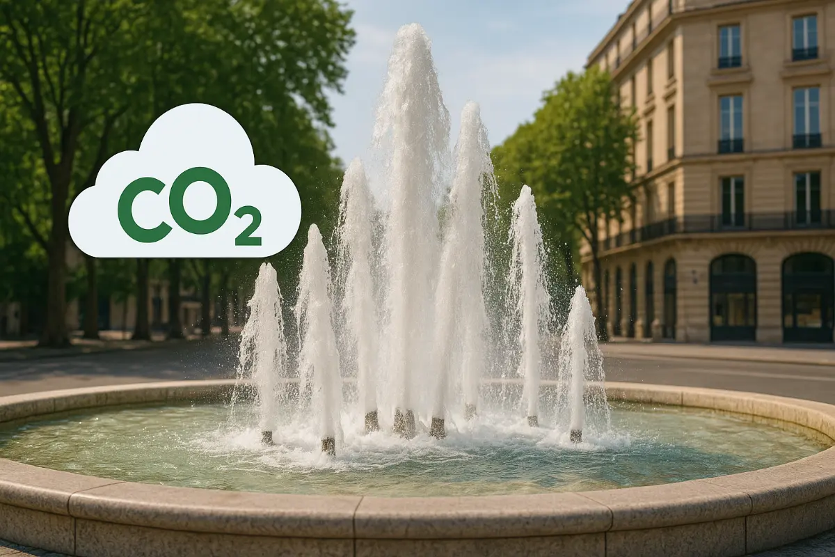 Fontanna miejska w centrum europejskiego miasta w kontekście pochłaniania CO₂ Fontanna miejska z wysokimi strumieniami wody na tle klasycznej architektury i zieleni, symboliczna chmura CO₂ w tle