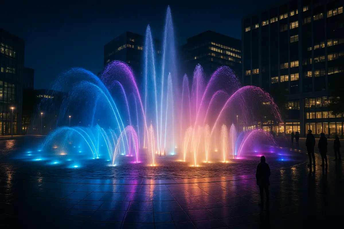 Magia nocnych fontann na nowoczesnym miejskim placu Kolorowa fontanna nocą w centrum miasta z iluminowanymi strumieniami wody i sylwetkami przechodniów na tle podświetlonych budynków.
