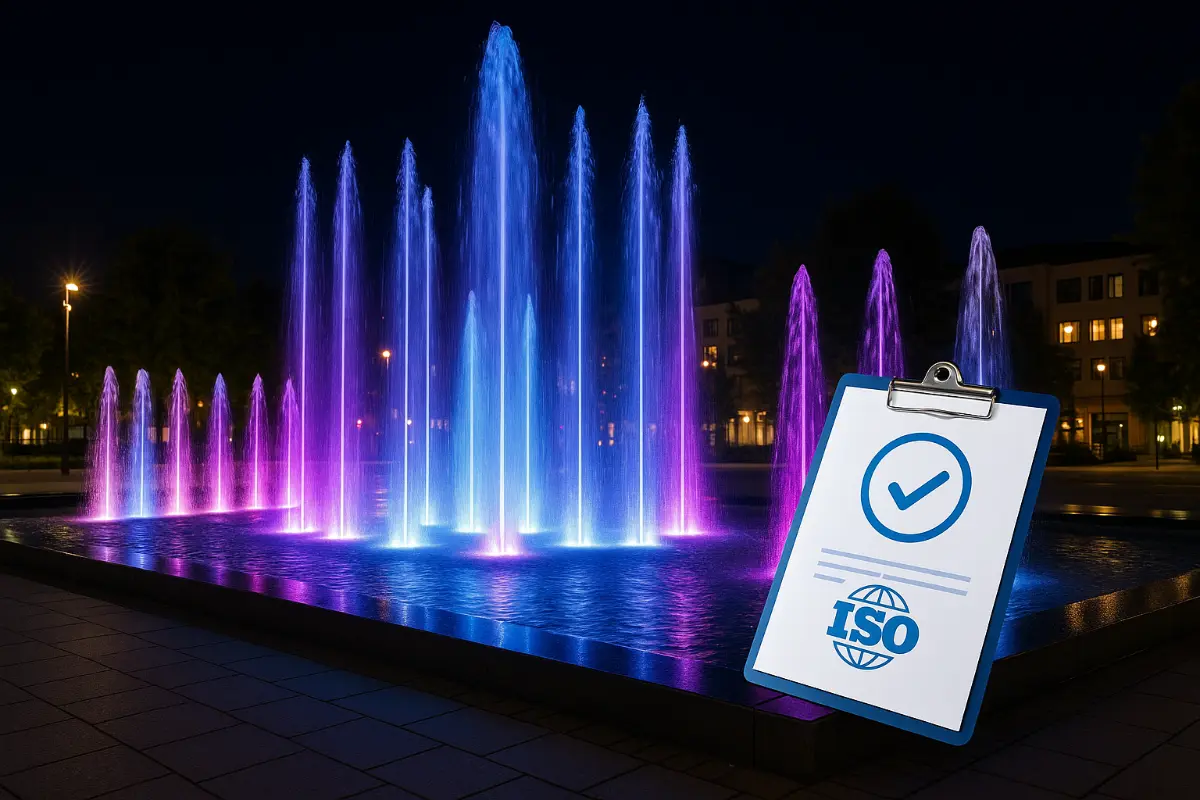 Fontanna multimedialna nocą z efektownym oświetleniem LED i odniesieniem do certyfikacji ISO Fontanna multimedialna nocą z kolorowym oświetleniem LED w odcieniach niebieskiego, różowego i fioletowego, na pierwszym planie symbol certyfikacji ISO