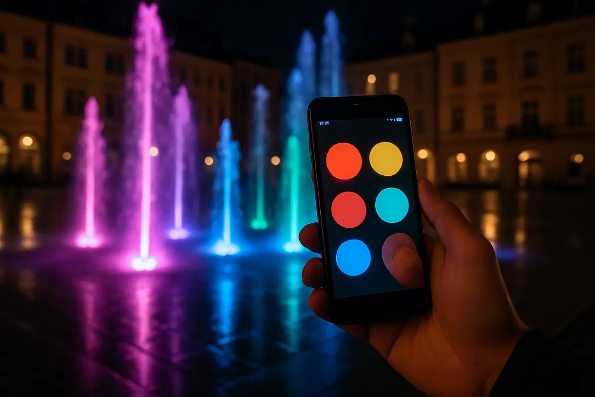 Sterowanie kolorową fontanną miejską przez aplikację mobilną – nocna sceneria Osoba trzymająca smartfon z aplikacją sterującą kolorową fontanną miejską nocą