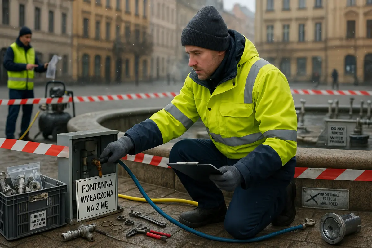 Serwisant w odblaskowej kurtce klęczy przy panelu fontanny i odwadnia instalację sprężonym powietrzem; obok narzędzia, taśma ostrzegawcza i opad śniegu.