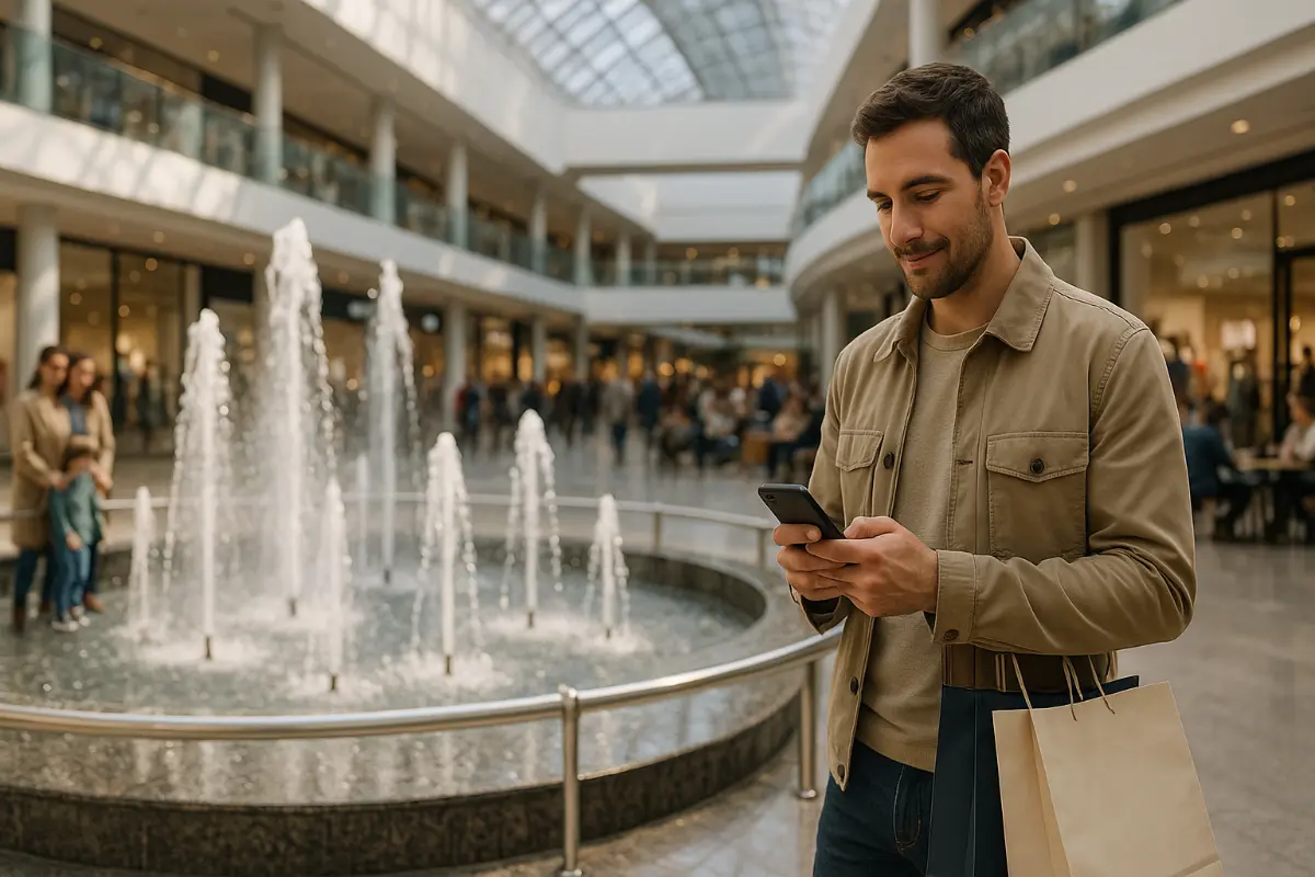 Mężczyzna z torbami przy nowoczesnej fontannie w galerii handlowej; jasne, przeszklone atrium. Element wodny zwiększa footfall, wydłuża czas wizyty i podnosi średnią wartość koszyka.