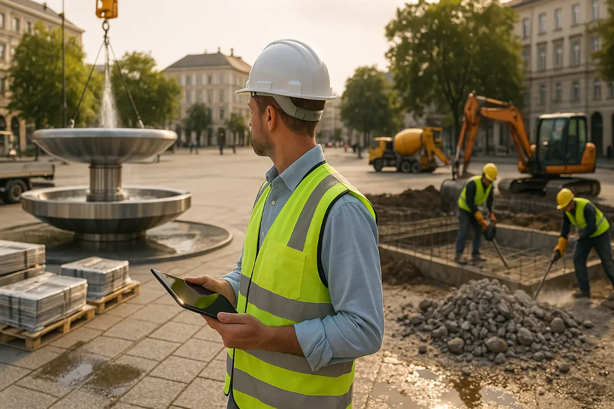 Inżynier w kasku porównia na placu montaż fontanny modułowej ze stali nierdzewnej z budową tradycyjnej żelbetowej; wizualizacja różnic kosztów, transportu i demontażu
