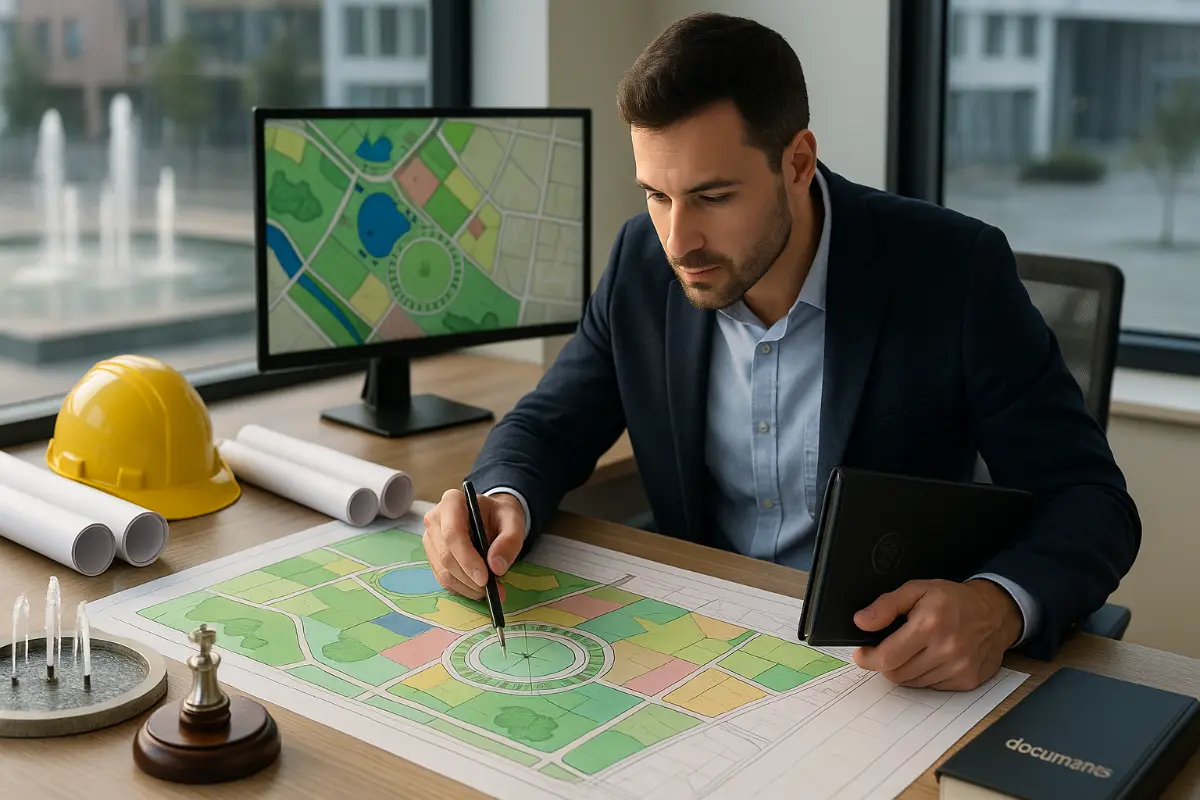 Fontanny w MPZP – urbanista analizuje zapis instalacji wodnej Urbanista w biurze wskazuje na plan zagospodarowania z projektowaną fontanną; na biurku kask, makieta, młotek sędziowski i dokumenty MPZP.