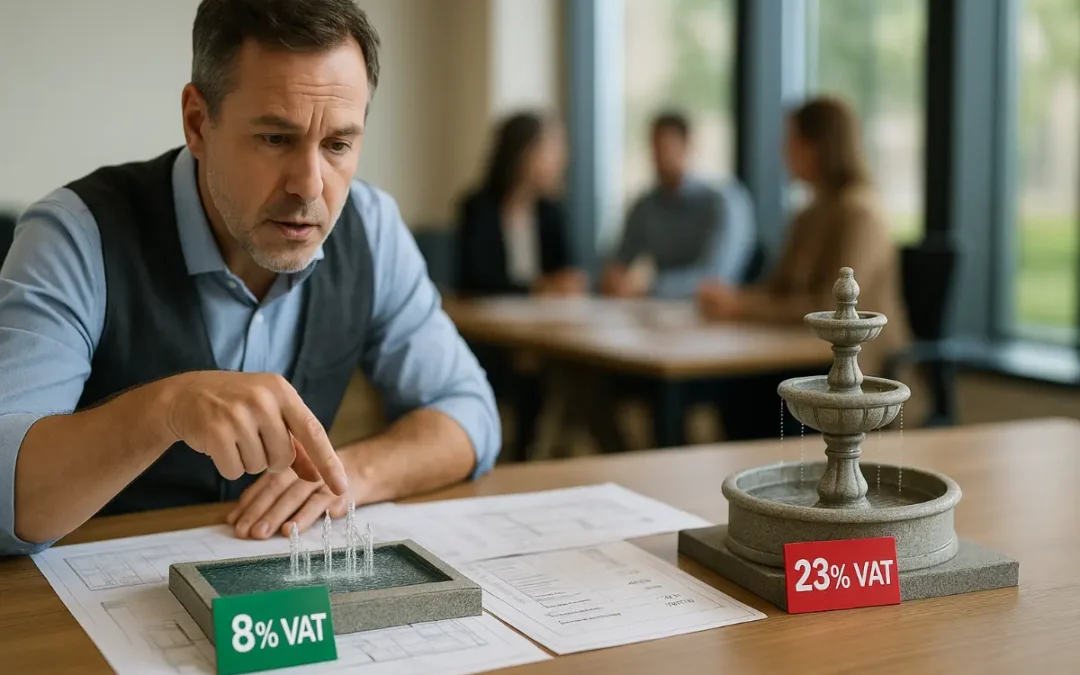 Podatek VAT od&nbsp;fontann: Kiedy 23%, a&nbsp;kiedy 8%? Przewodnik po&nbsp;stawkach podatkowych dla różnych typów instalacji.