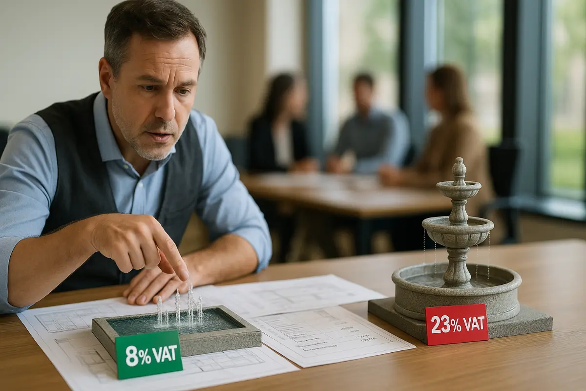 Mężczyzna przy stole prezentuje dwie makiety fontann z tabliczkami 8% VAT i 23% VAT w sali konferencyjnej – porównanie typów instalacji.