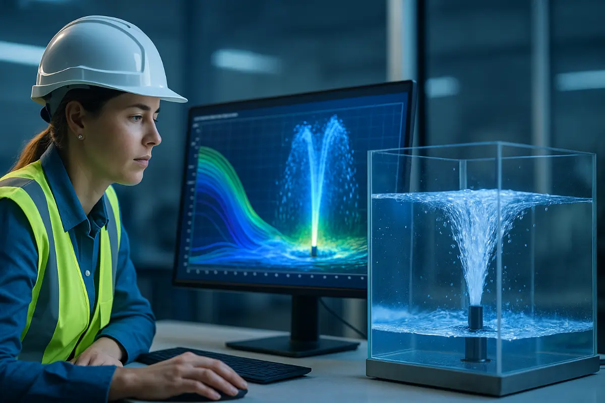 Inżynierka analizuje CFD fontanny w laboratorium – test wiru Inżynierka w kasku przy stanowisku badawczym analizuje symulację CFD fontanny na monitorze obok przezroczystego zbiornika z wirującą wodą.