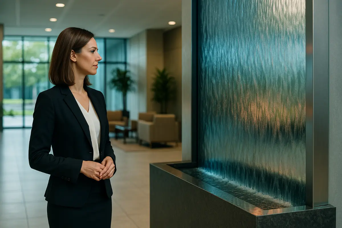 Fontanna w lobby biurowym – element brandingu Kobieta w biznesowym stroju patrzy na wewnętrzną ścianę wodną w nowoczesnym lobby; fontanna jako element brandingu korporacyjnego.