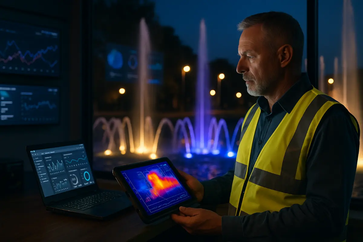 Mężczyzna w kamizelce odblaskowej trzyma tablet z mapą termiczną przy oknie z podświetloną fontanną; obok laptop z dashboardem IoT.