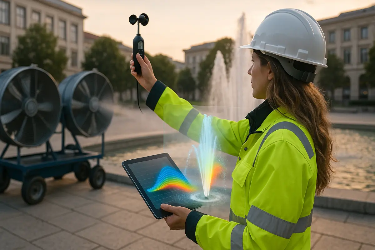 Pomiary wiatru przy fontannie – CFD i testy terenowe Inżynierka w odblaskowej kurtce i kasku mierzy wiatr anemometrem przy miejskiej fontannie; na tablecie widoczna kolorowa wizualizacja CFD rozprysku wody.