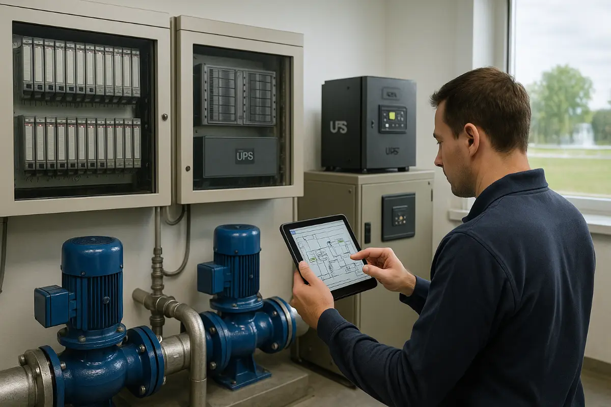 Technik w jasnej sterowni przegląda na tablecie schemat systemu fontanny; obok szafy PLC, dwie pompy i UPS/generator — układ redundancji N+1.