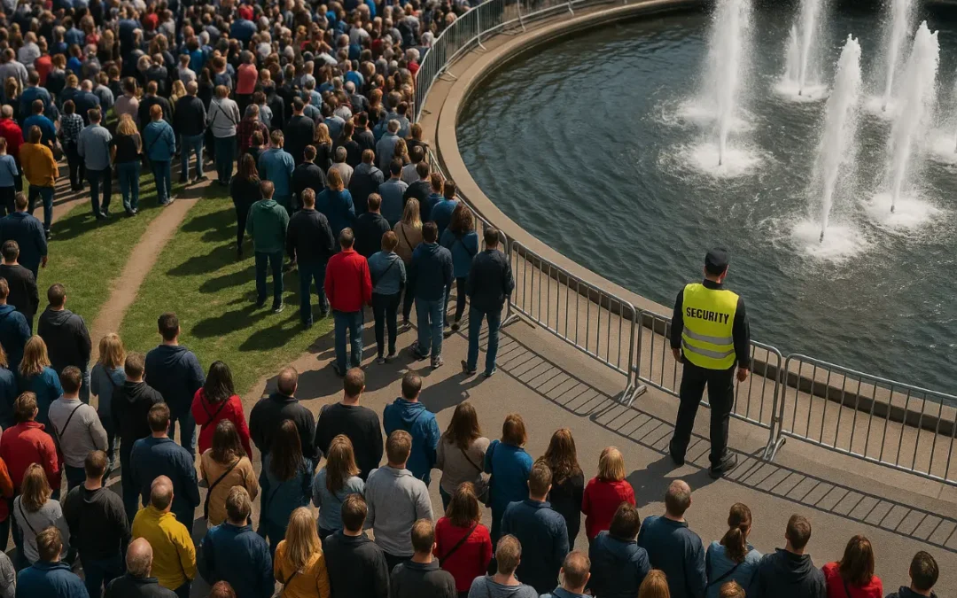 Crowd management przy wodnym show – strefy bezpieczeństwa, antypoślizg, ewakuacja i&nbsp;„desire lines”