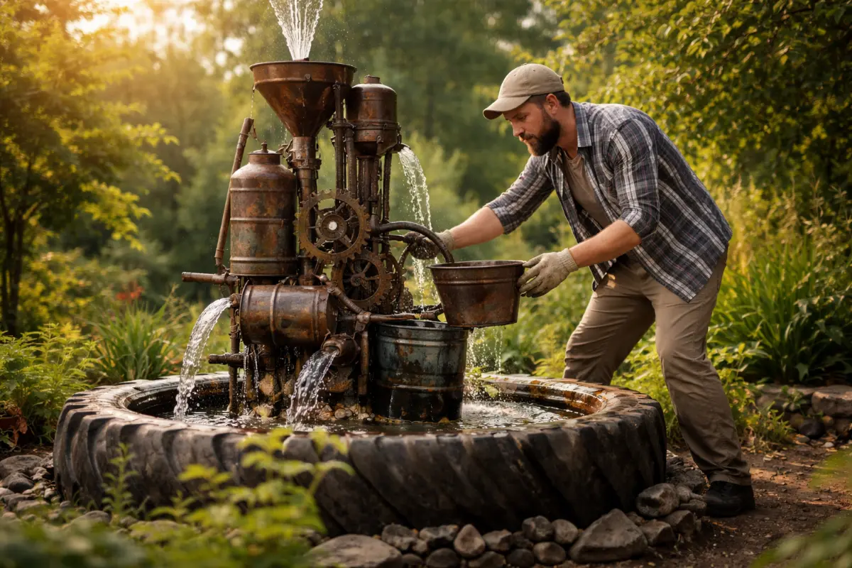 Artystyczna fontanna z recyklingu tworzona z odpadów przemysłowych Mężczyzna budujący artystyczną fontannę z recyklingu z wykorzystaniem starych beczek, kół zębatych i elementów metalowych w ogrodzie