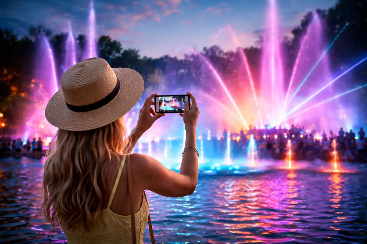 Fontanna multimedialna jako atrakcja Instagram-worthy w przestrzeni miejskiej Osoba robiąca zdjęcie fontannie multimedialnej nocą podczas kolorowego pokazu świetlno-wodnego w przestrzeni miejskiej