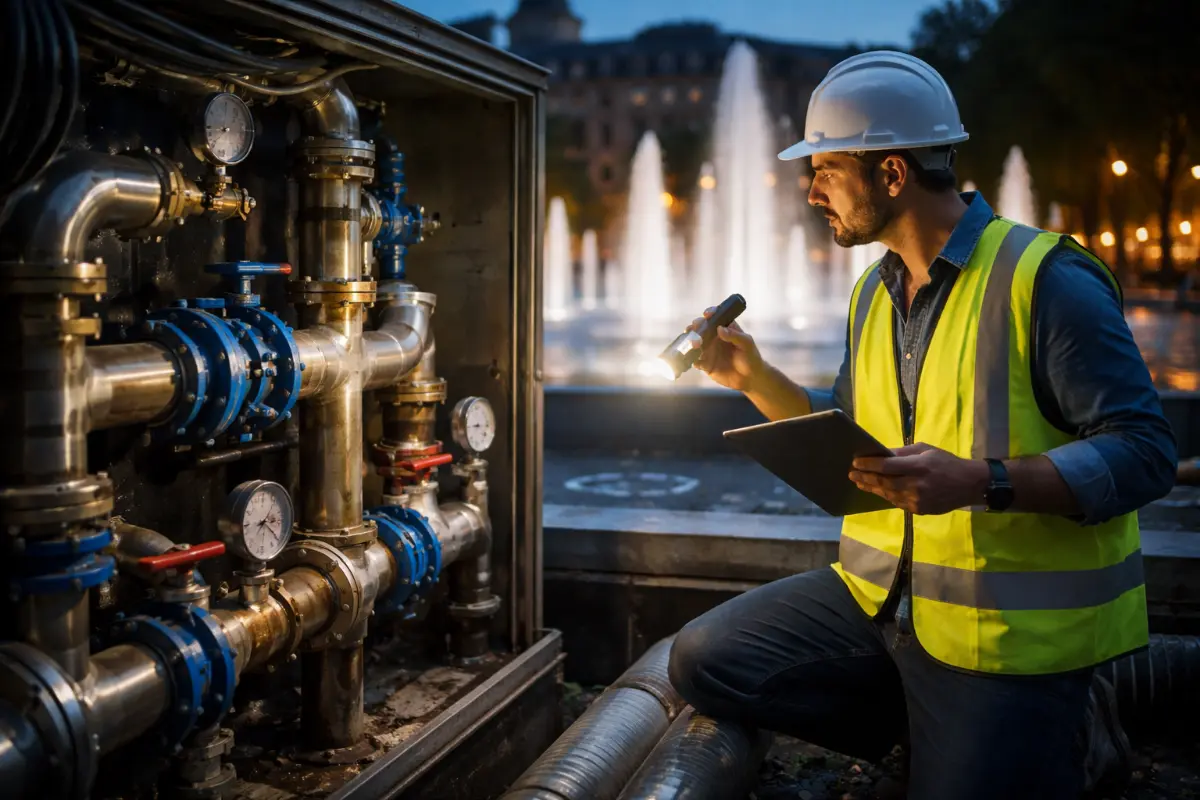 Hydraulika fail-safe fontanny miejskiej – kontrola instalacji podczas blackoutu Inżynier kontrolujący instalację hydrauliczną fontanny miejskiej z zaworami zwrotnymi i systemem fail-safe podczas blackoutu