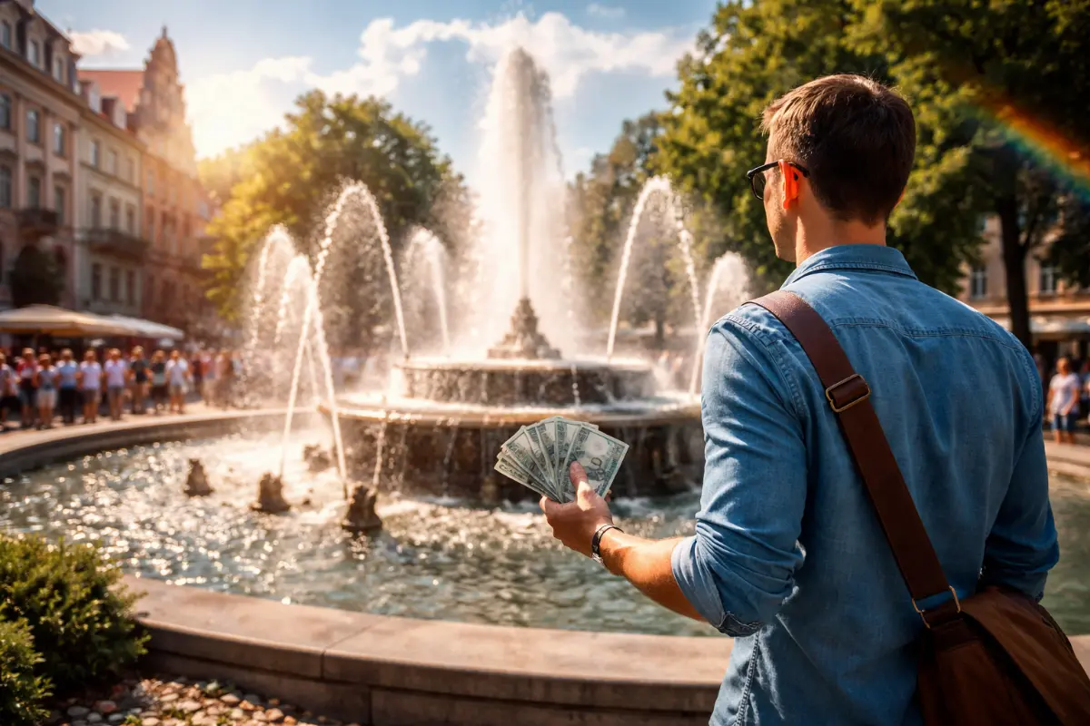 Koszty utrzymania miejskich fontann – kto naprawdę za nie płaci? Mężczyzna stojący przy miejskiej fontannie, symbol kosztów utrzymania fontann publicznych w mieście