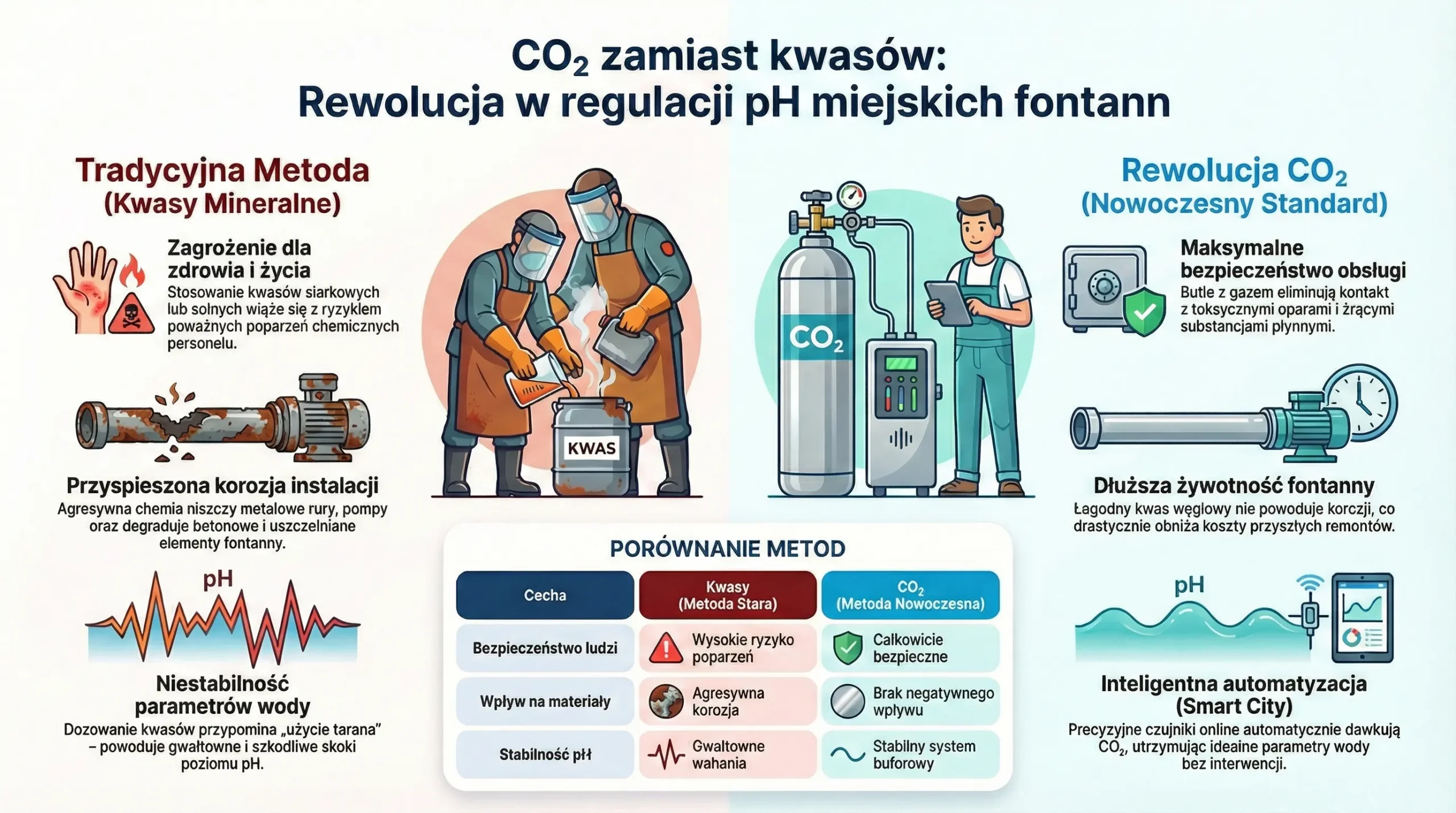 Infografika porównująca regulację pH w fontannach miejskich za pomocą kwasów mineralnych oraz dozowania CO2 pod kątem bezpieczeństwa, stabilności i trwałości instalacji