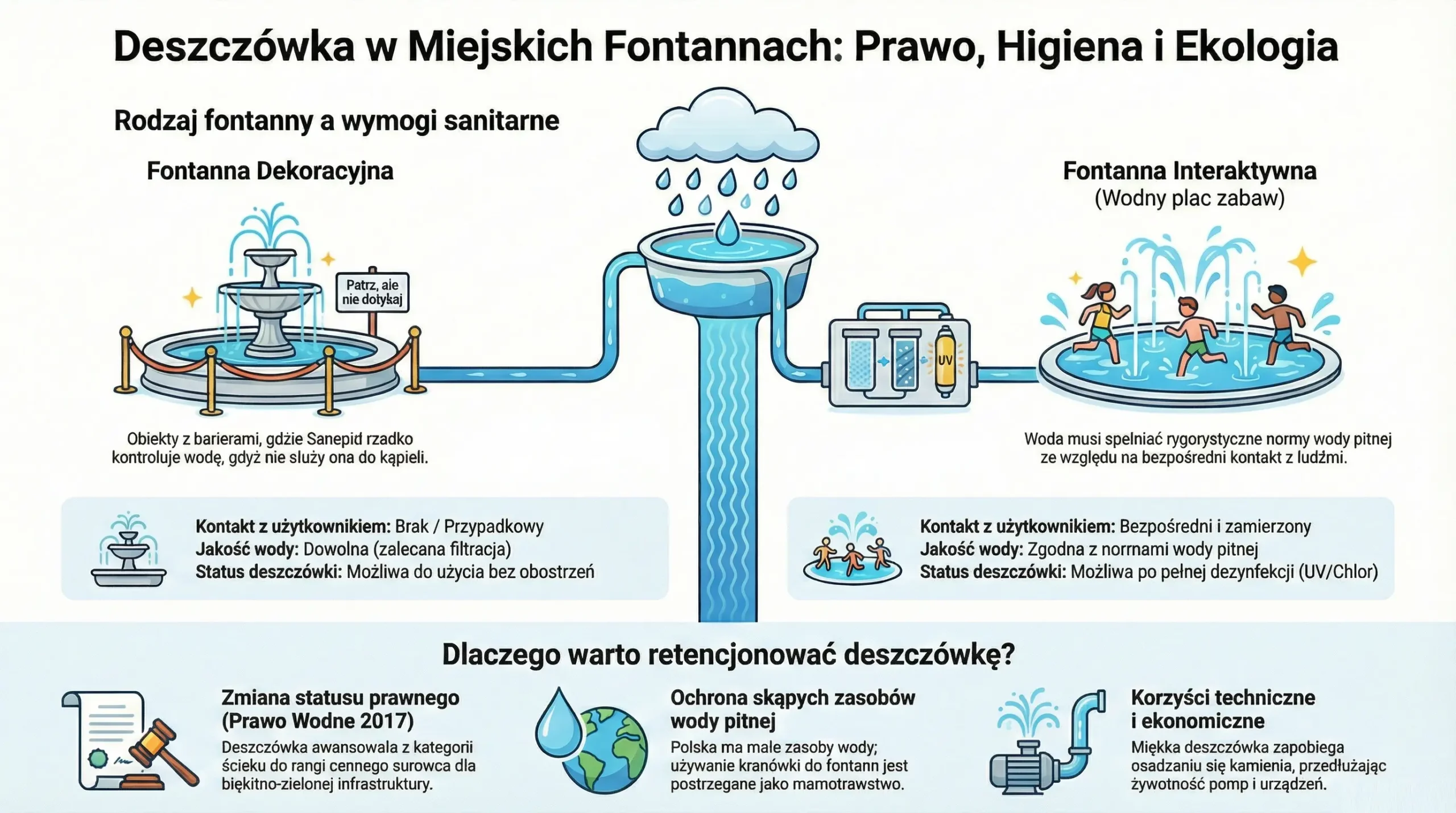 Infografika pokazująca różnice między fontanną dekoracyjną a interaktywną, wymagania sanitarne, kontakt z użytkownikami oraz zasady użycia deszczówki