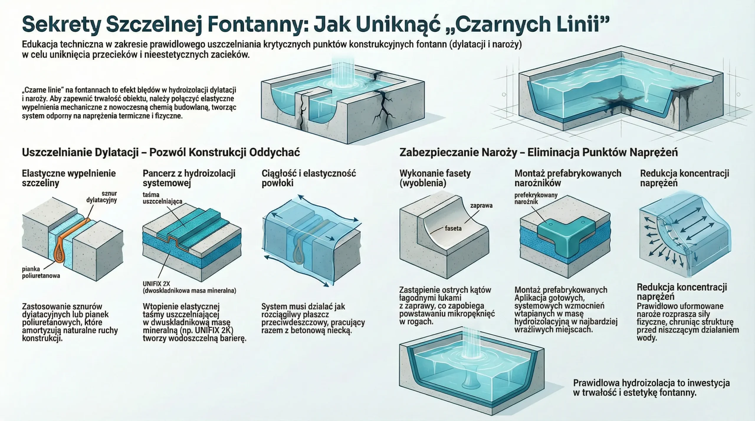 Infografika przedstawiająca uszczelnianie dylatacji i naroży w fontannach, redukcję naprężeń oraz zapobieganie czarnym liniom i przeciekom