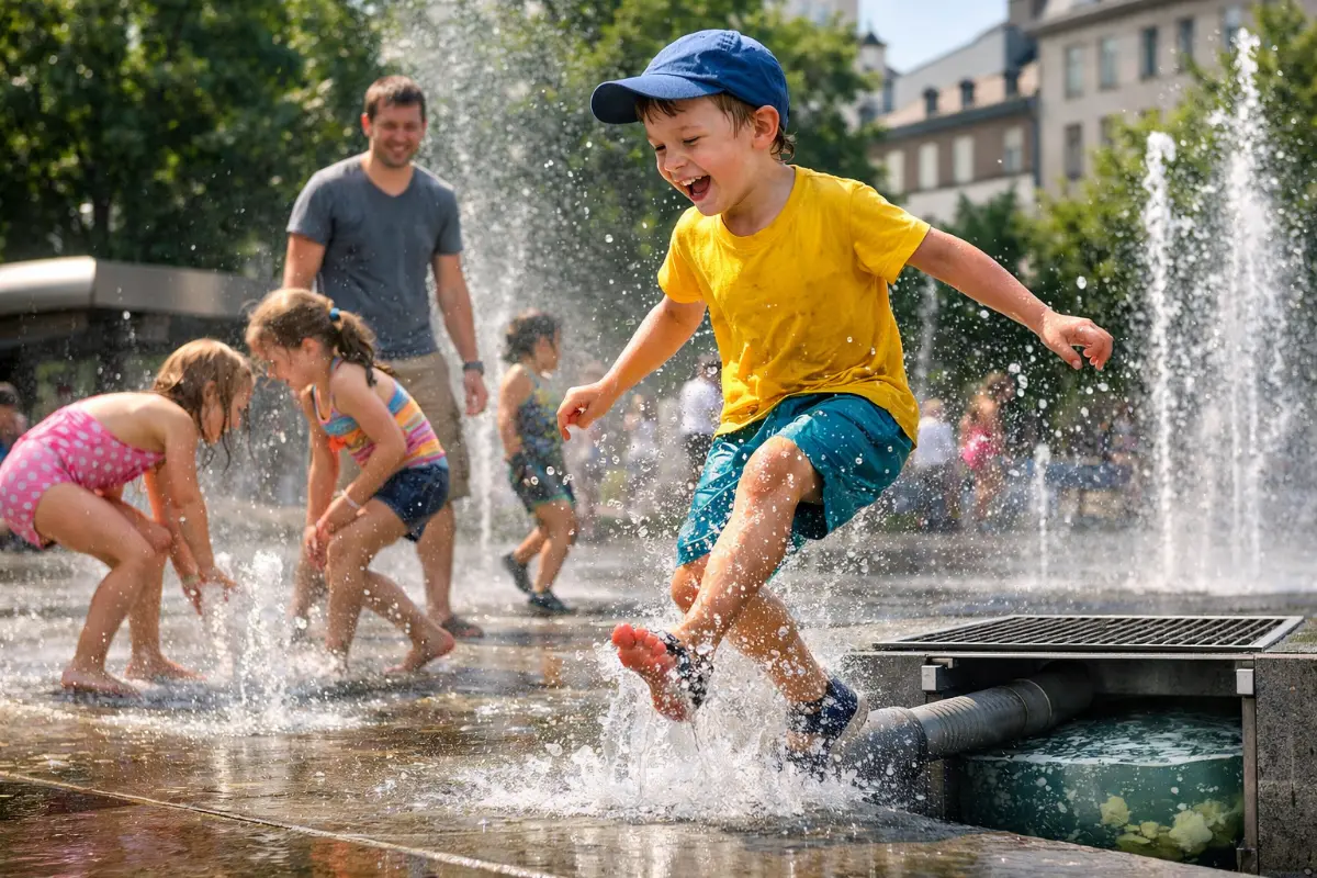 Dzieci bawiące się w fontannie typu dry plaza – bezpieczeństwo i jakość wody Dzieci bawiące się w miejskiej fontannie typu dry plaza z tryskającą wodą w upalny dzień