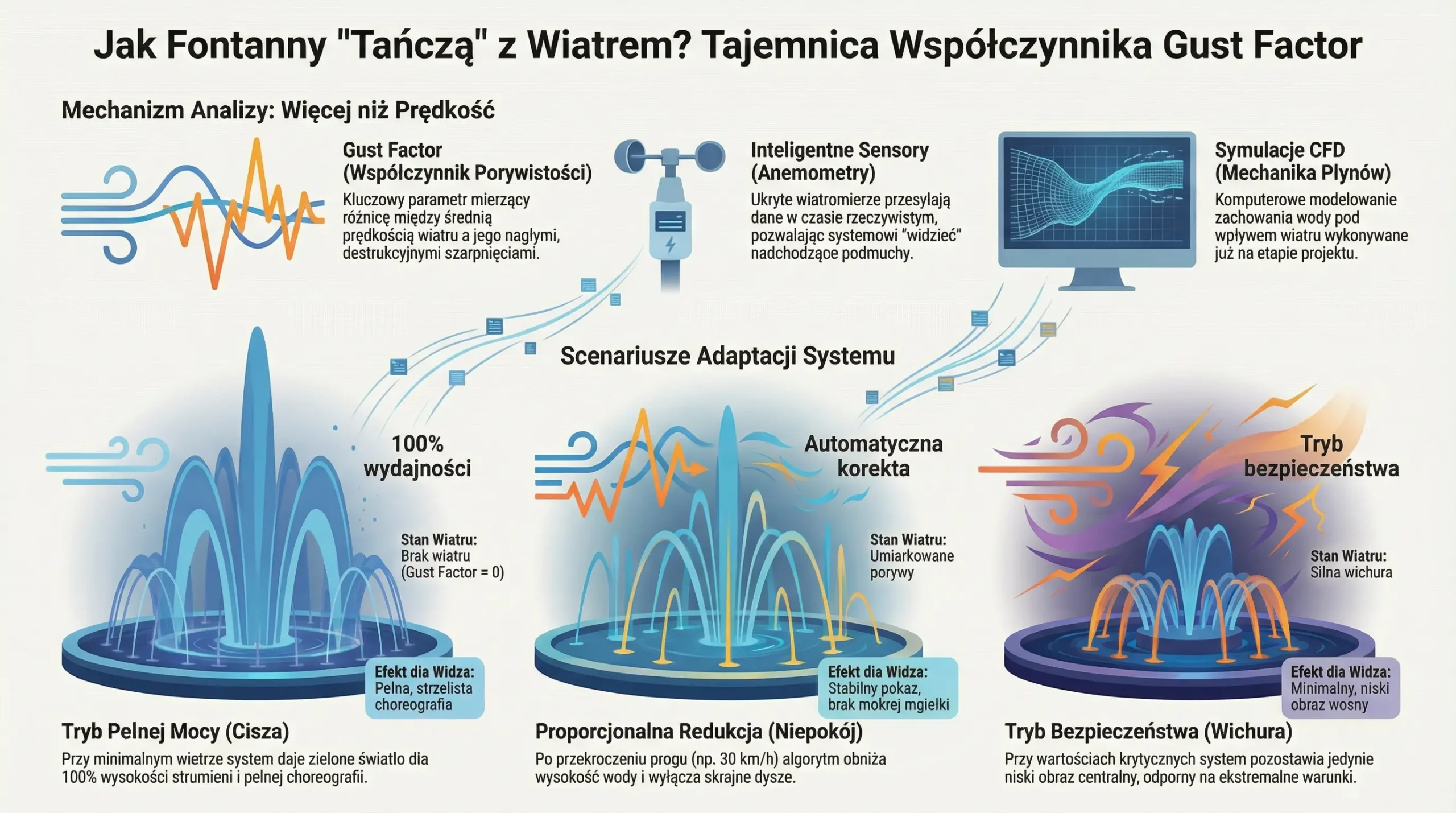 Infografika pokazująca wpływ gust factor i wiatru na tryby pracy fontanny multimedialnej od pełnej mocy do trybu bezpieczeństwa