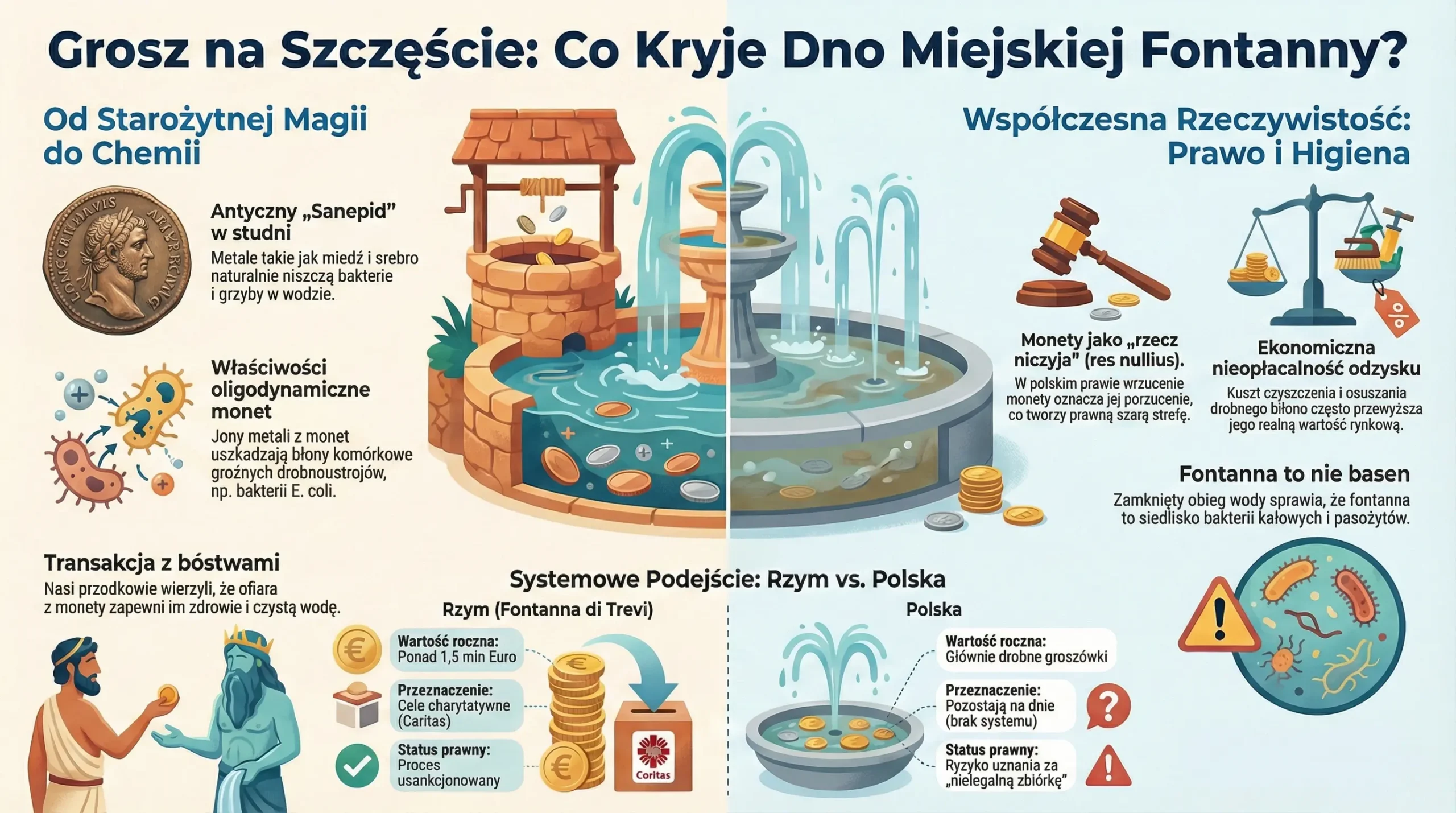 Infografika przedstawiająca monety na dnie fontanny oraz ich znaczenie chemiczne, sanitarne i prawne, z porównaniem Rzymu i Polski
