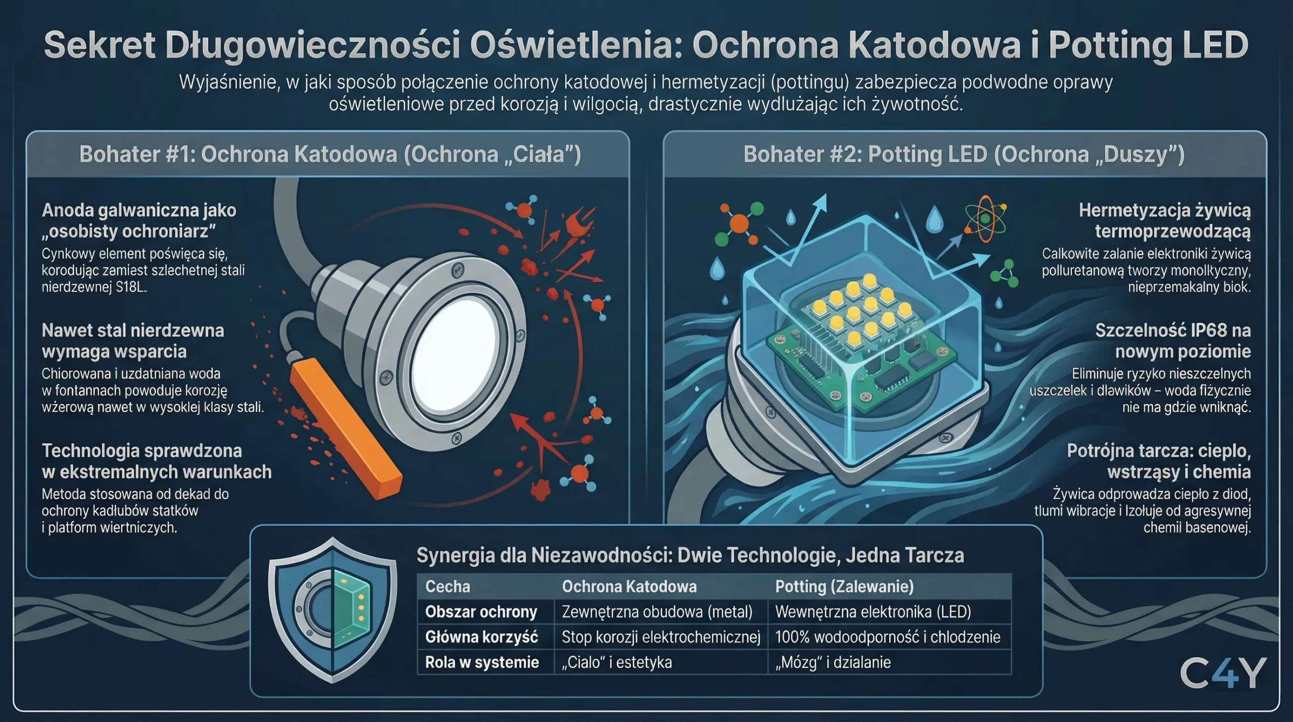 Infografika przedstawiająca ochronę katodową obudowy oraz potting LED elektroniki w podwodnych oprawach fontannowych