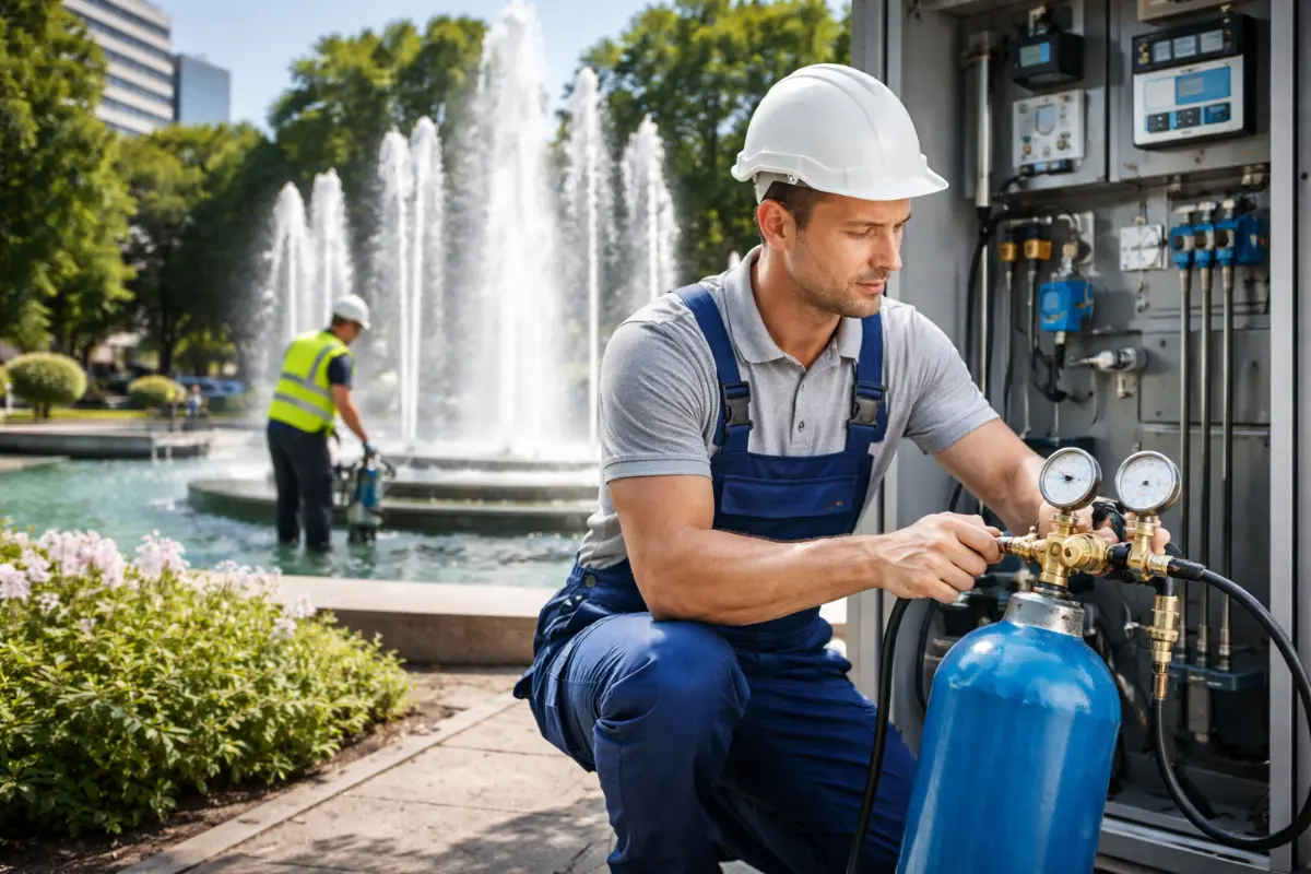 Regulacja pH fontanny miejskiej z wykorzystaniem CO2 – bezpieczna technologia uzdatniania wody Technik serwisowy obsługujący instalację dozowania CO2 przy fontannie miejskiej w celu regulacji pH wody
