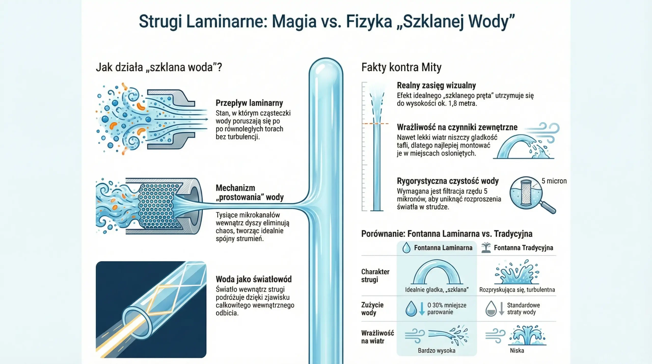 Infografika przedstawiająca działanie strug laminarnych w fontannach, efekt szklanej wody, wpływ wiatru, wymagania filtracji oraz porównanie z fontanną tradycyjną