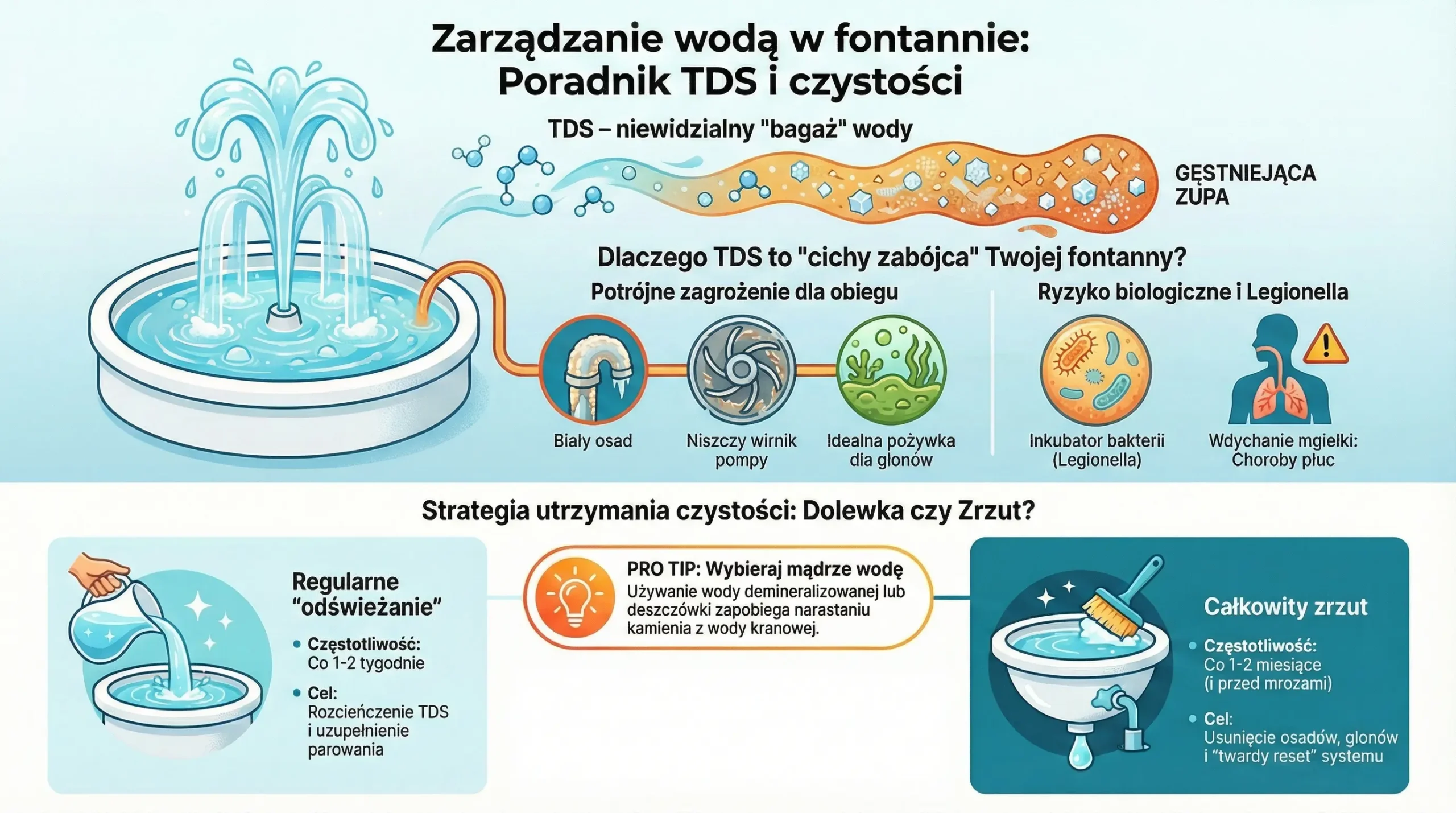 Infografika wyjaśniająca zarządzanie wodą w fontannie, wpływ TDS na osady, glony i bakterie oraz różnice między dolewką a całkowitym zrzutem wody