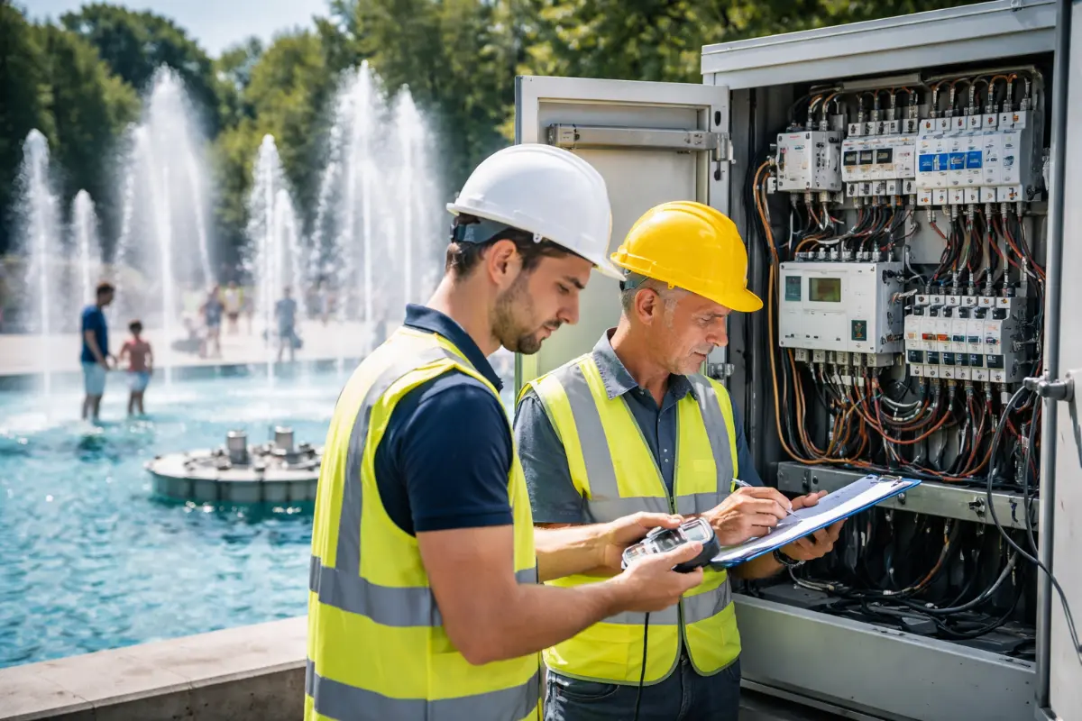 Bezpieczeństwo elektryczne fontanny – przegląd instalacji przez elektryków Elektrycy sprawdzający rozdzielnicę elektryczną fontanny podczas przeglądu technicznego i pomiarów bezpieczeństwa