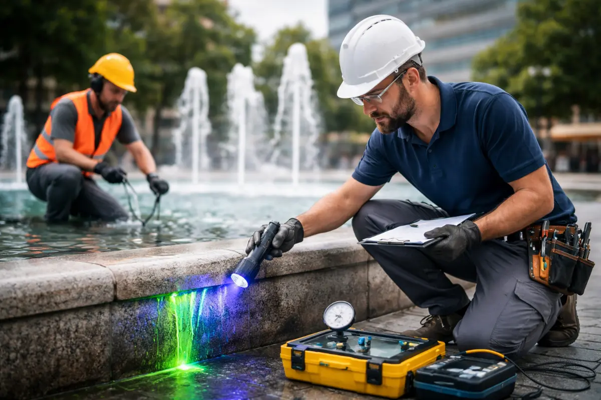 Diagnostyka przecieków w fontannie miejskiej z użyciem barwnika UV Technik sprawdza nieszczelność fontanny miejskiej za pomocą lampy UV i barwnika fluorescencyjnego podczas testu szczelności instalacji wodnej.
