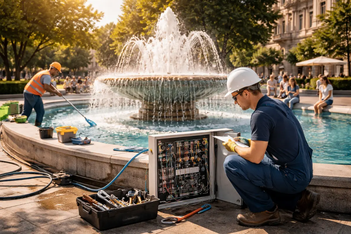 Konserwacja fontanny miejskiej – serwis techniczny i kontrola systemu Technik sprawdzający panel sterowania fontanny miejskiej podczas prac konserwacyjnych, drugi pracownik czyści nieckę wody.