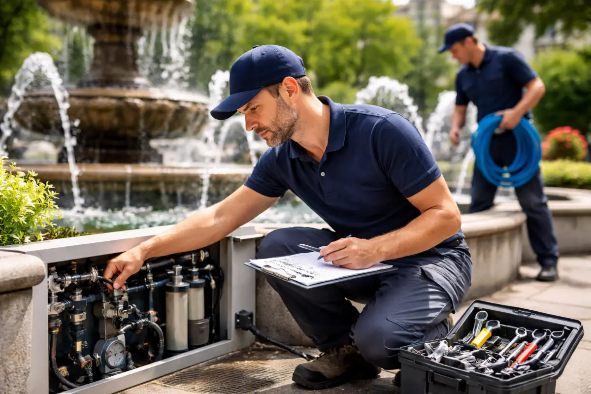 Profesjonalna konserwacja fontanny – serwis techniczny instalacji wodnej Technik serwisujący fontannę ogrodową – kontrola instalacji hydraulicznej, pompy i systemu filtracji podczas przeglądu technicznego.