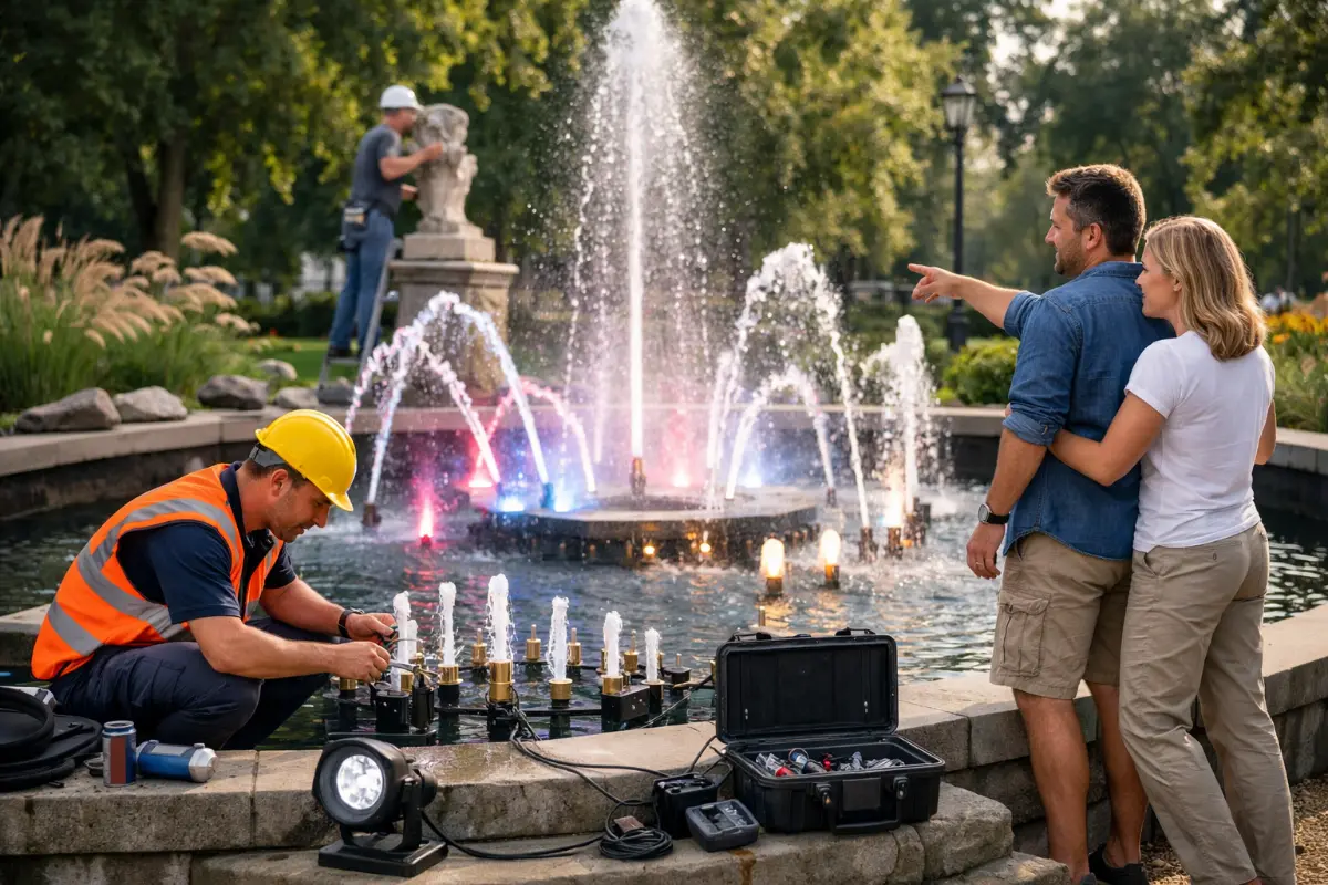 Modernizacja fontanny bez rozbiórki – wymiana dysz i oświetlenia LED Technik wymienia dysze i montuje oświetlenie LED w miejskiej fontannie, poprawiając jej efekt wizualny bez rozbiórki
