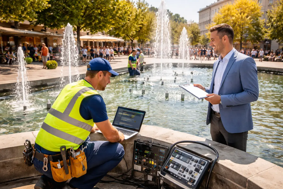 Serwis fontanny miejskiej – kontrola techniczna i umowa SLA w praktyce Technik serwisu i przedstawiciel miasta kontrolują działanie fontanny miejskiej podczas przeglądu technicznego zgodnie z umową SLA.