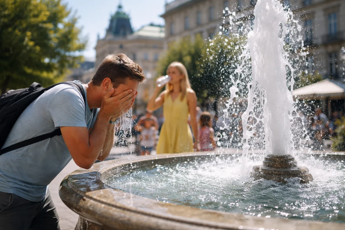 Mężczyzna chłodzący twarz wodą z miejskiej fontanny w upalny dzień, kobieta w tle pije wodę z butelki