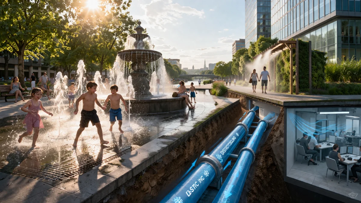 Ludzie przy miejskiej fontannie w upalny dzień oraz podziemna instalacja wodna chłodząca budynki w nowoczesnym mieście.