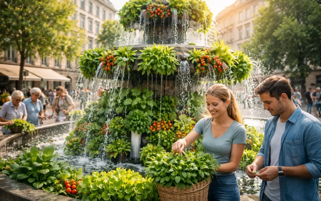 Fontanna miejska jako pionowa farma – świeże zioła i&nbsp;warzywa rosnące w&nbsp;instalacji wodnej