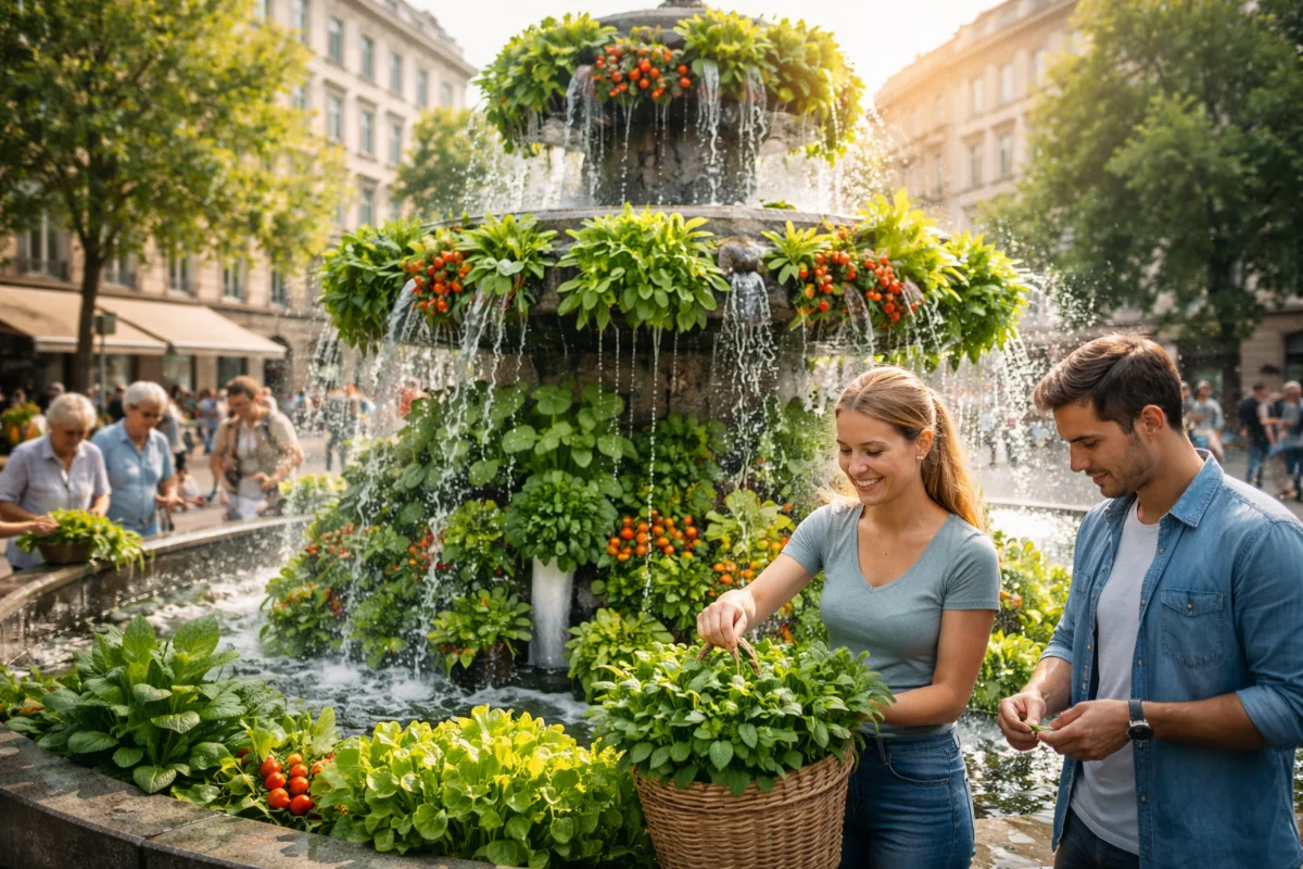 Fotorealistyczna wizualizacja miejskiej fontanny z pionową uprawą ziół i warzyw oraz ludźmi w przestrzeni publicznej.