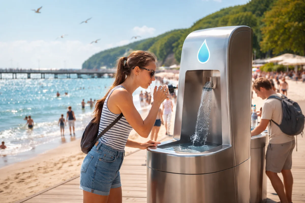 Kobieta pijąca wodę z nowoczesnej fontanny miejskiej przy plaży, poidełko z odsalaniem wody morskiej nad Bałtykiem