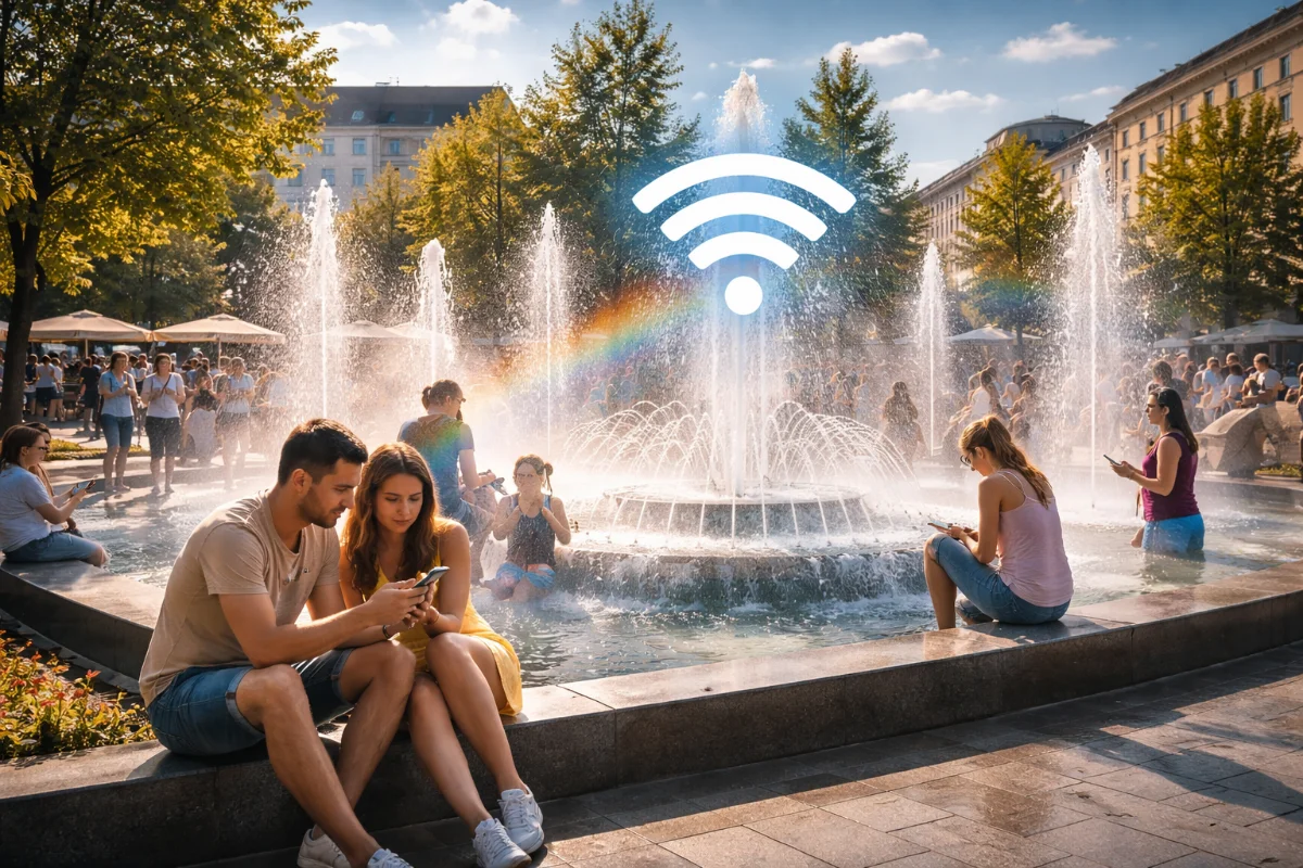Darmowe WiFi przy miejskiej fontannie w nowoczesnej przestrzeni publicznej Ludzie odpoczywający przy miejskiej fontannie w nowoczesnym centrum miasta i korzystający ze smartfonów.