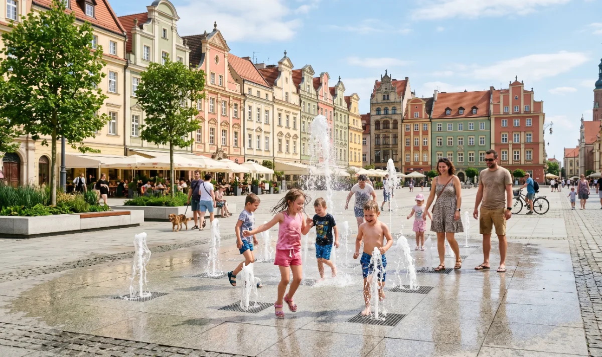 Fontanna dry plaza na rynku miejskim jako narzędzie walki z betonozą i przegrzewaniem przestrzeni publicznej